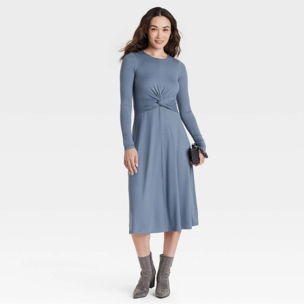 NWT Women's Long Sleeve Twist-Front Midi Dress A New Day Blue Multiple Sizes XS​ - Picture 3 of 6